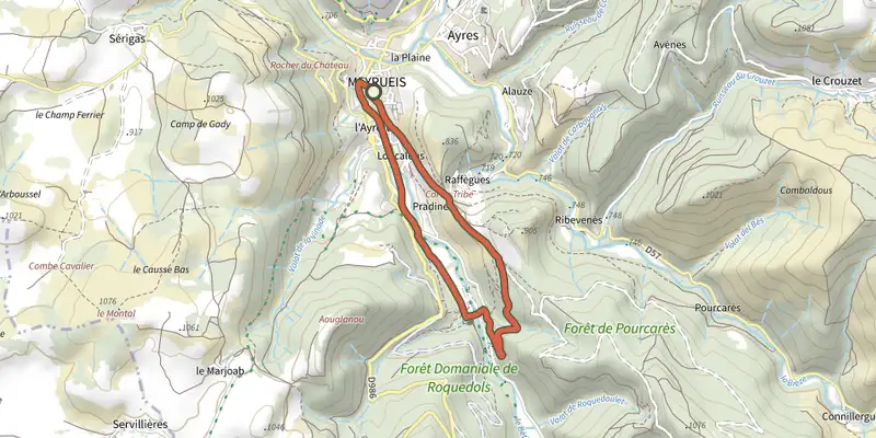 Map of the Roquedols Castle track on the IGN map, with the start and numbered waypoints