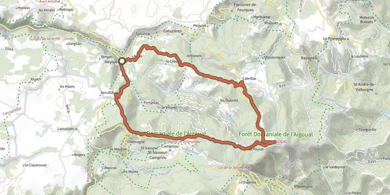 Map of the From Meyrueis to the summit of Mont Aigoual. track on the IGN map, with the start and numbered waypoints