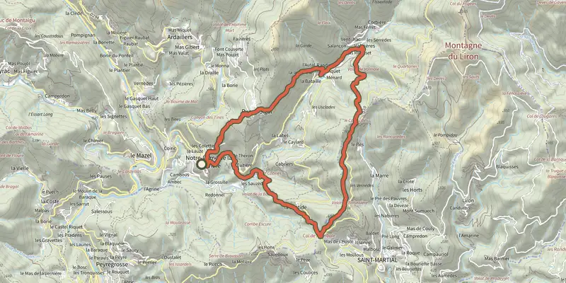 Carte du tracé de Col de Bès sur le Plan IGN, départ et points de passage numérotés
