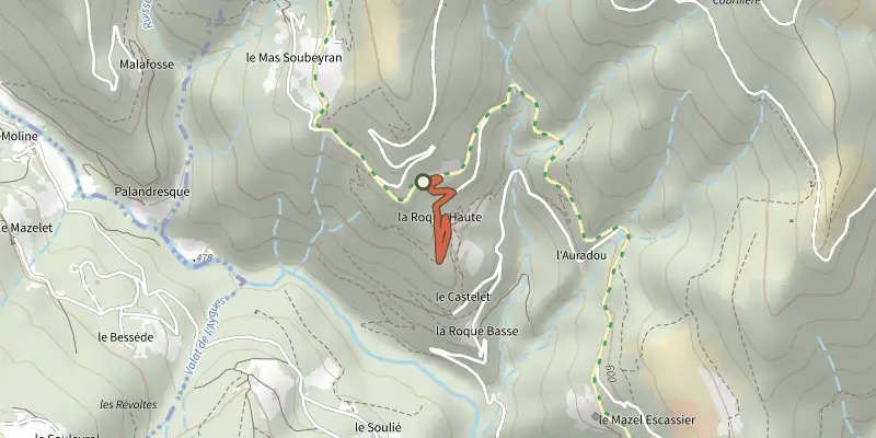 Map of the La Roque Magnanerie (silkworm farm) track on the IGN map, with the start and numbered waypoints