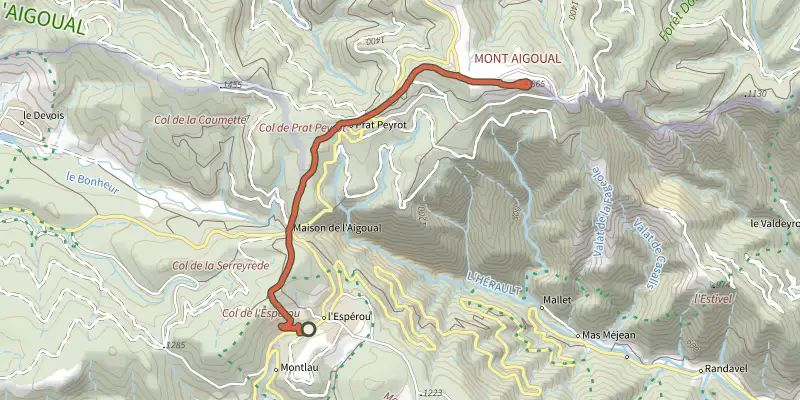 Carte du tracé de Dorsale de l'Aigoual (Trail) sur le Plan IGN, départ et points de passage numérotés