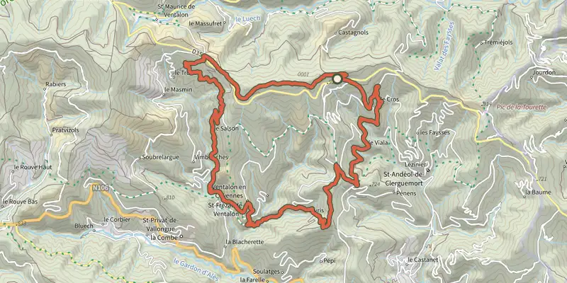 Map of the Cévenol valleys, trail #28 track on the IGN map, with the start and numbered waypoints