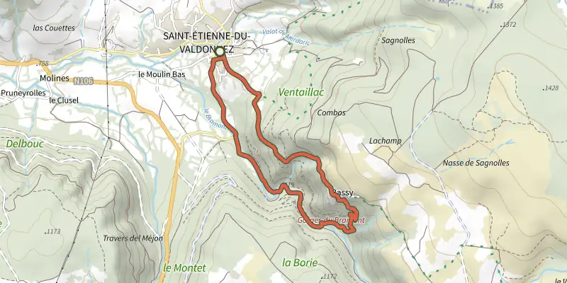 Map of the Bassy- trail #11v track on the IGN map, with the start and numbered waypoints