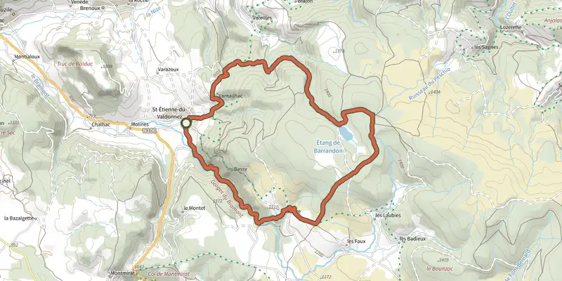 Map of the Barrandon Lake, trail #12 track on the IGN map, with the start and numbered waypoints