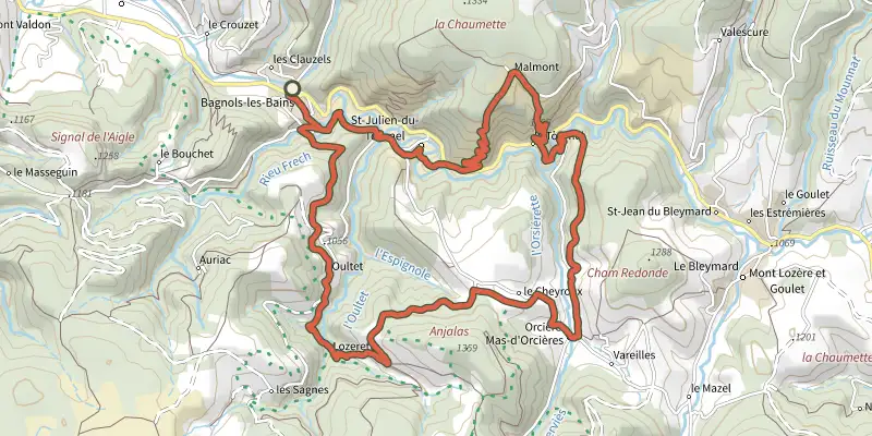 Map of the Château du Tournel, #10 track on the IGN map, with the start and numbered waypoints