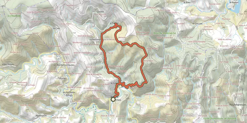 Map of the Le Fossat track on the IGN map, with the start and numbered waypoints