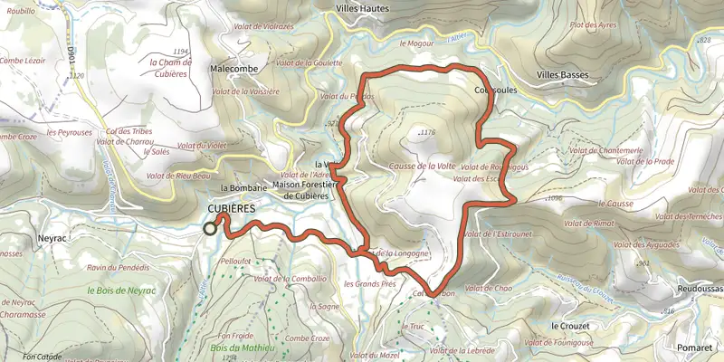 Map of the Causse de Volte track on the IGN map, with the start and numbered waypoints