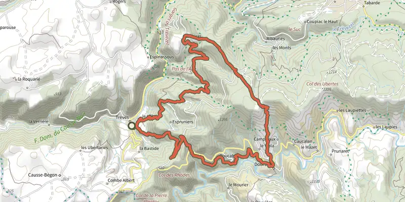 Carte du tracé de Un pied dans la Dourbie, l'autre dans le Trévezel sur le Plan IGN, départ et points de passage numérotés