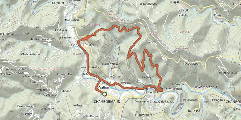 Carte du tracé de Viaduc du Luech - VTT n°1 sur le Plan IGN, départ et points de passage numérotés
