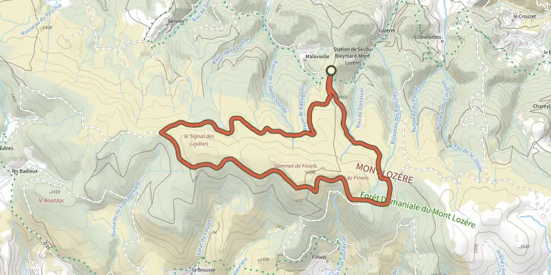 Map of the Tour du Finiels, MTB circuit #14 (blue) track on the IGN map, with the start and numbered waypoints