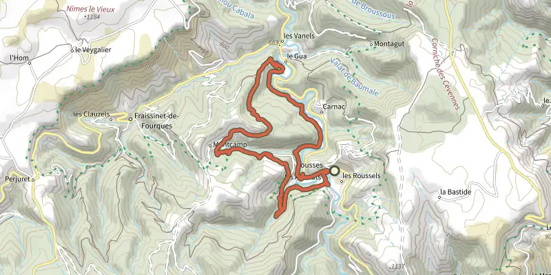 Carte du tracé de Serre de Pradal- Trail n°32 sur le Plan IGN, départ et points de passage numérotés