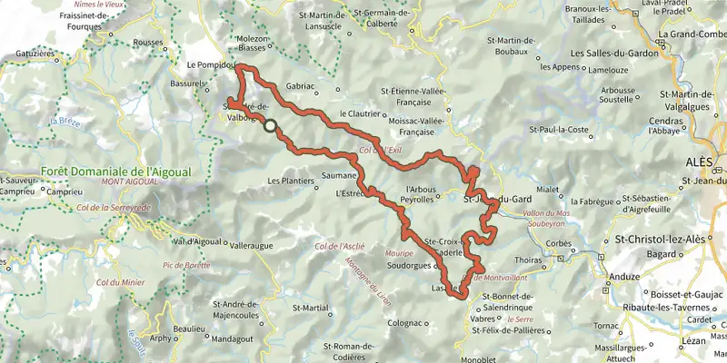 Map of the the Cévennes ridge track on the IGN map, with the start and numbered waypoints