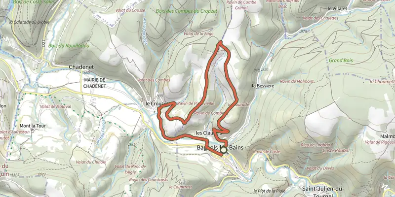 Map of the Combelle ravine track on the IGN map, with the start and numbered waypoints