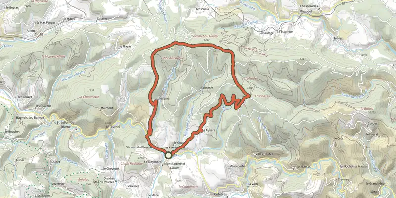 Carte du tracé de Sources du Lot et Goulet sur le Plan IGN, départ et points de passage numérotés