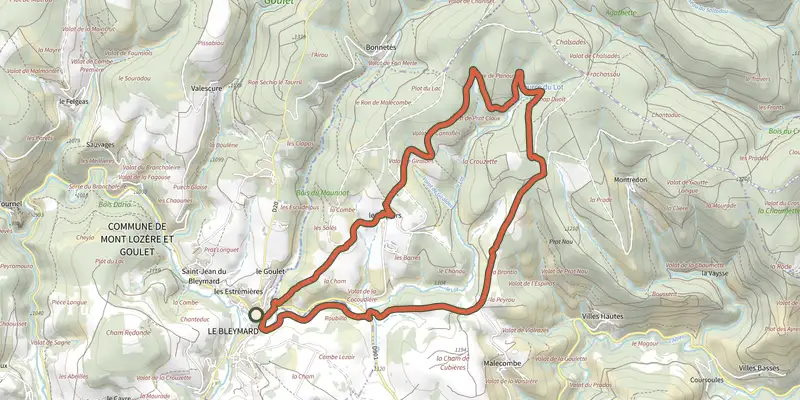 Carte du tracé de Sources du Lot - VTT n°18 sur le Plan IGN, départ et points de passage numérotés