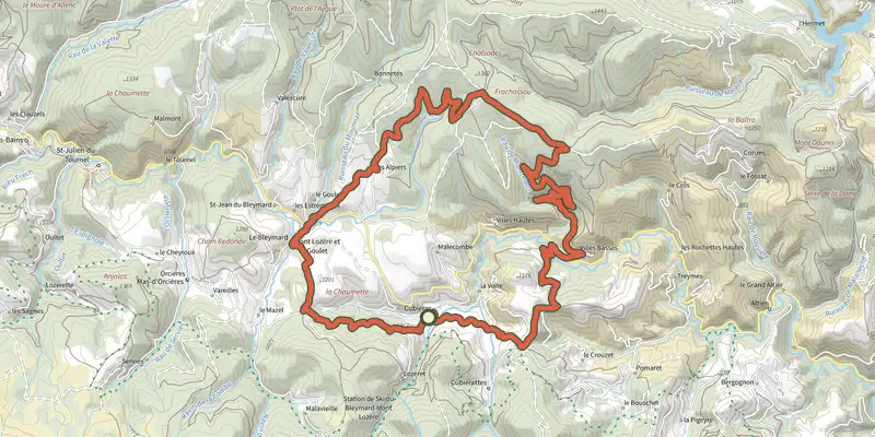 Map of the The springs of the river Lot track on the IGN map, with the start and numbered waypoints