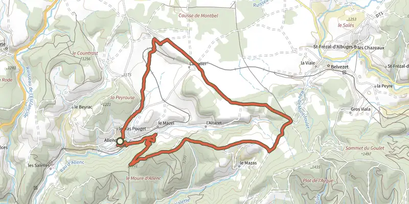 Map of the Menhir et dolmen track on the IGN map, with the start and numbered waypoints