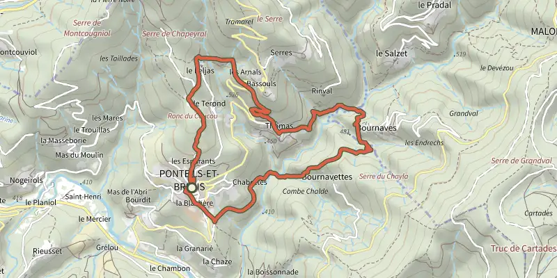 Map of the Bournaves track on the IGN map, with the start and numbered waypoints