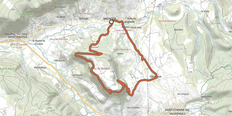 Carte du tracé de Truc de Balduc sur le Plan IGN, départ et points de passage numérotés
