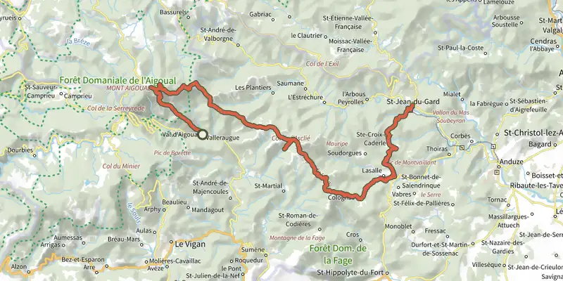 Carte du tracé de Versant méditerranéen de l'Aigoual (4 jours) sur le Plan IGN, départ et points de passage numérotés