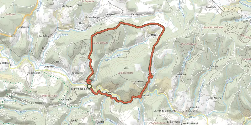 Carte du tracé de Château du Tournel - VTT N°23 sur le Plan IGN, départ et points de passage numérotés