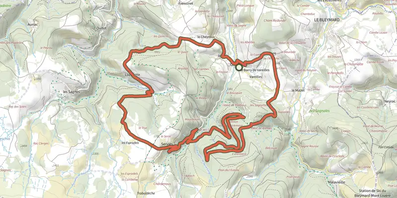 Carte du tracé de Lozerette sur le Plan IGN, départ et points de passage numérotés