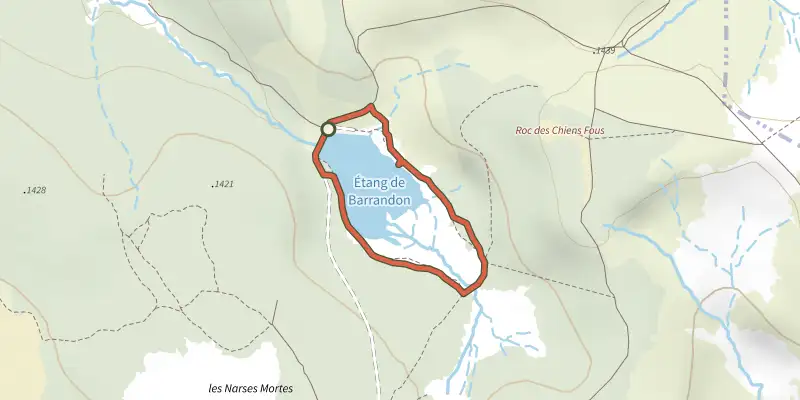 Carte du tracé de Tour de l'étang de Barrandon sur OpenTopoMap, départ et points de passage numérotés