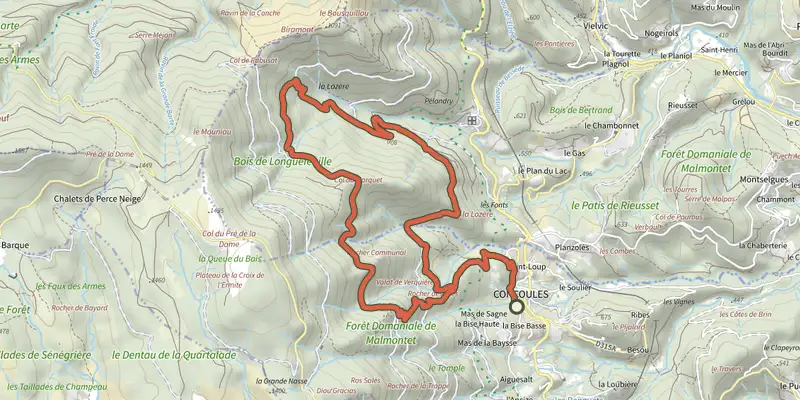 Carte du tracé de Chemins du Lozère sur le Plan IGN, départ et points de passage numérotés
