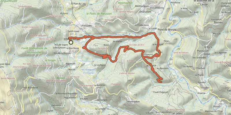 Carte du tracé de Le Levant sur le Plan IGN, départ et points de passage numérotés
