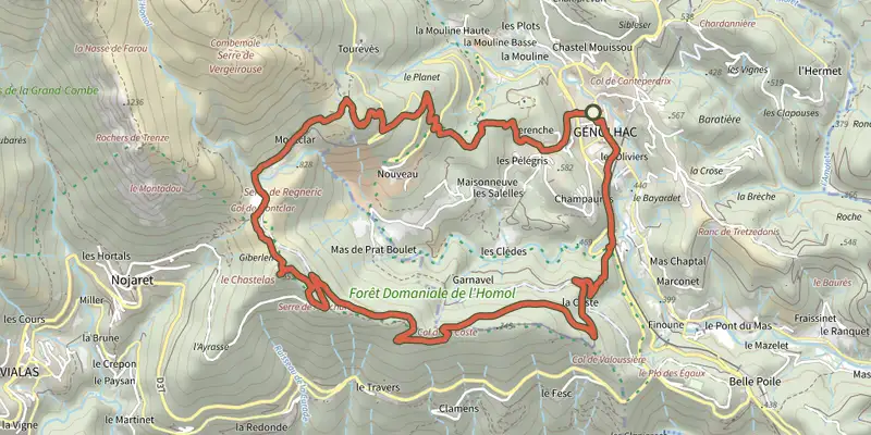 Map of the Col de Montclar track on the IGN map, with the start and numbered waypoints