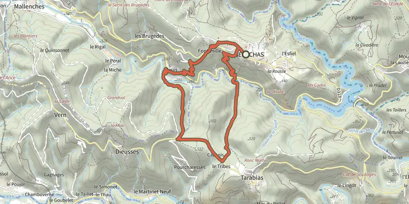 Map of the Valat du Logier track on the IGN map, with the start and numbered waypoints