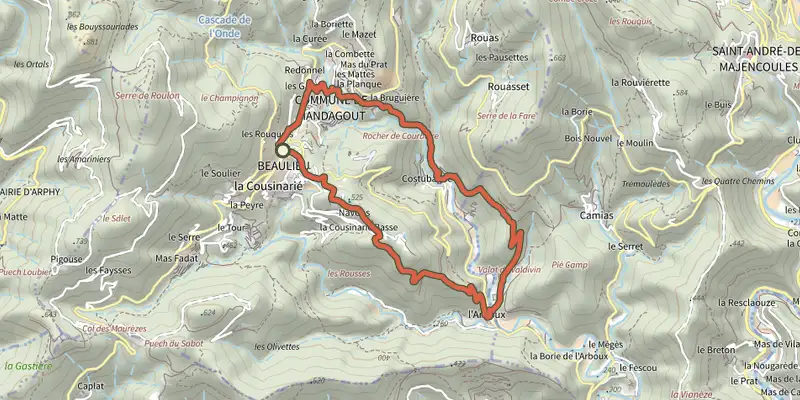 Carte du tracé de L'Arboux sur le Plan IGN, départ et points de passage numérotés