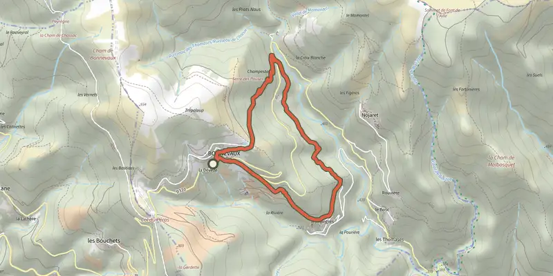 Carte du tracé de Les Allègres sur le Plan IGN, départ et points de passage numérotés