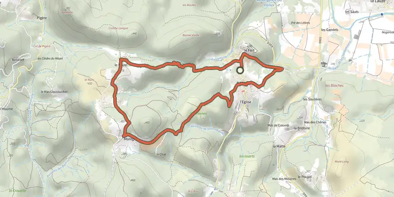 Carte du tracé de Banne sur le Plan IGN, départ et points de passage numérotés