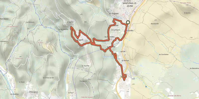 Map of the The wash houses (south) track on OpenTopoMap, with the start and numbered waypoints