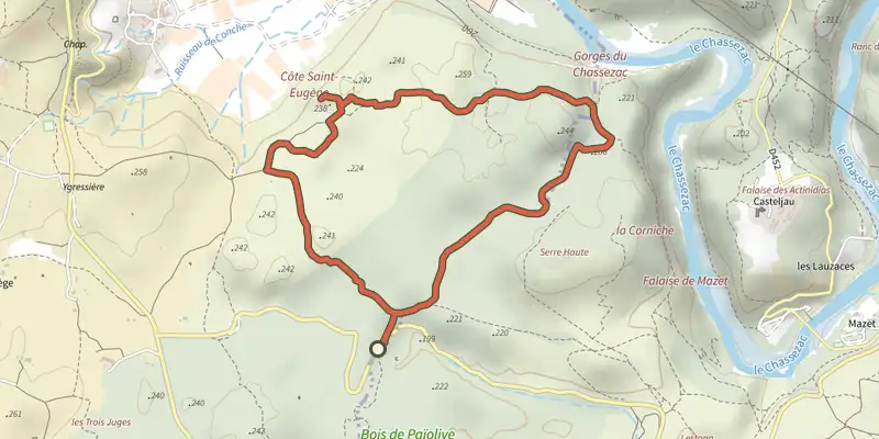 Map of the Saint-Eugène hermitage track on the IGN map, with the start and numbered waypoints