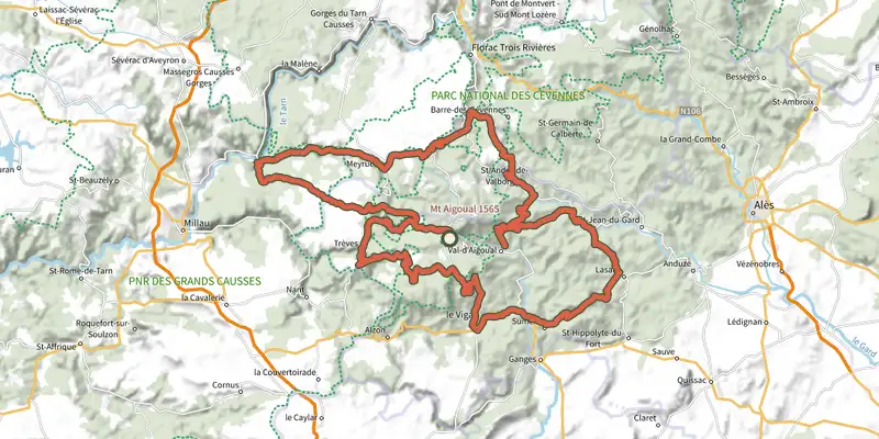 Map of the Le tour du mont Aigoual en 4 jours - Vélo route track on the IGN map, with the start and numbered waypoints