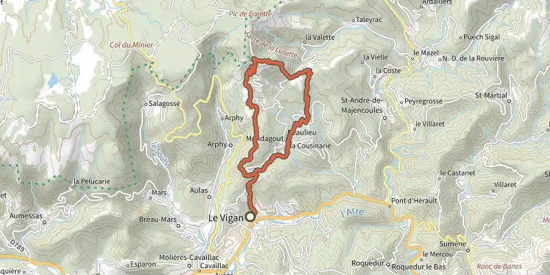 Map of the Sur les pas d'André Chamson - 2 jours track on the IGN map, with the start and numbered waypoints