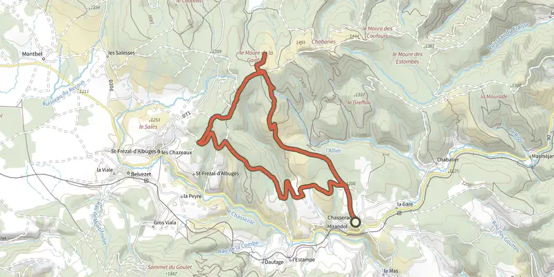 Carte du tracé de Moure de la Gardille sur le Plan IGN, départ et points de passage numérotés