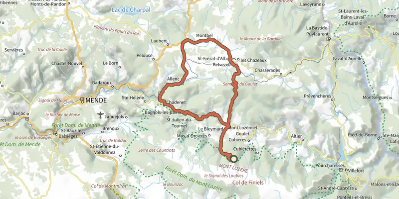 Map of the Boucle du Causse de Montbel track on the IGN map, with the start and numbered waypoints