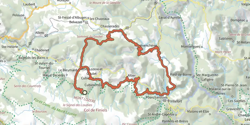 Map of the Boucle du Goulet aux barrages track on the IGN map, with the start and numbered waypoints
