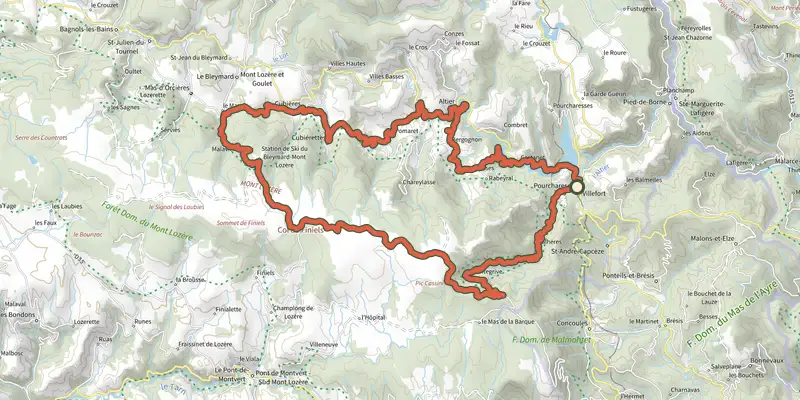Map of the Les Crêtes du Mont Lozère en Gravel track on the IGN map, with the start and numbered waypoints