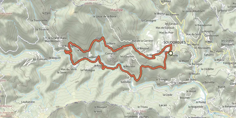 Carte du tracé de La Salindrenque sur le Plan IGN, départ et points de passage numérotés