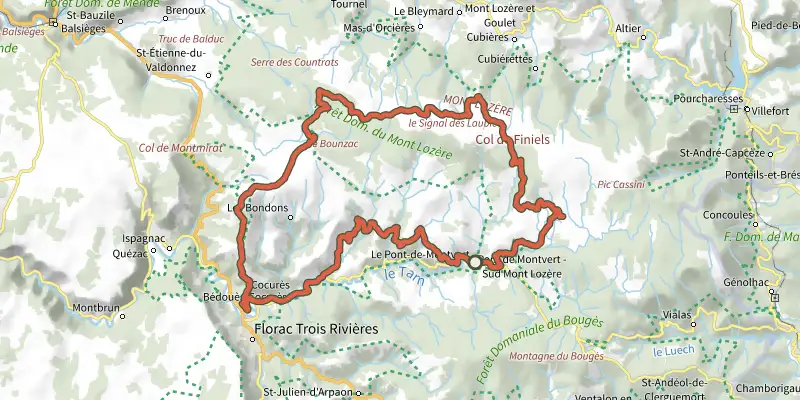 Carte du tracé de Des crêtes du Mont Lozère à la vallée du haut Tarn en gravel sur le Plan IGN, départ et points de passage numérotés
