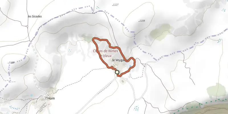 Carte du tracé de Balade autour de Nîmes le vieux - variante courte sur le Plan IGN, départ et points de passage numérotés