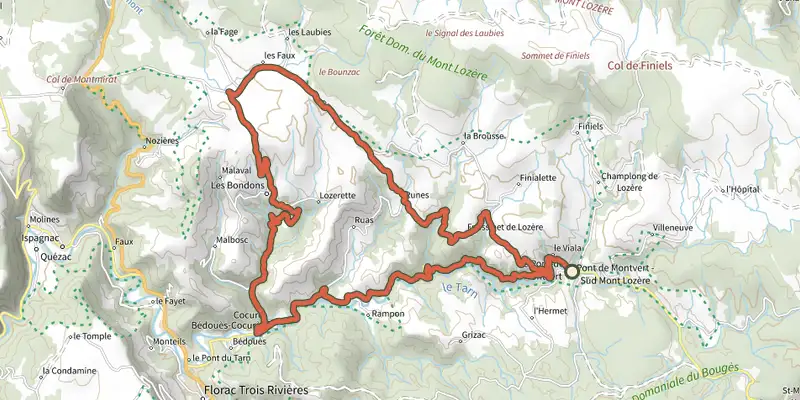 Map of the Cham des Bondons track on the IGN map, with the start and numbered waypoints