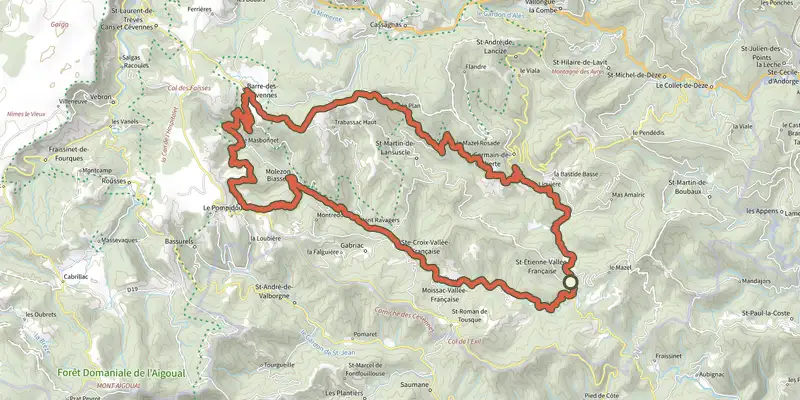 Carte du tracé de Autour de la Vallée Française sur le Plan IGN, départ et points de passage numérotés