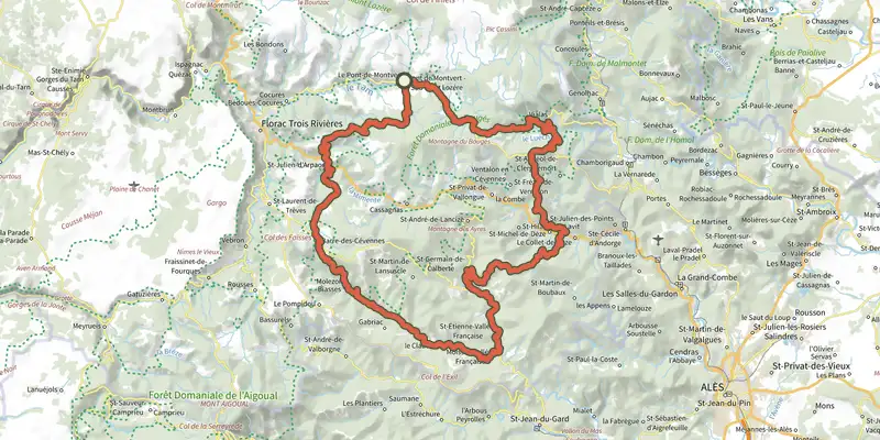 Map of the Des Cévennes au Mont Lozère track on the IGN map, with the start and numbered waypoints