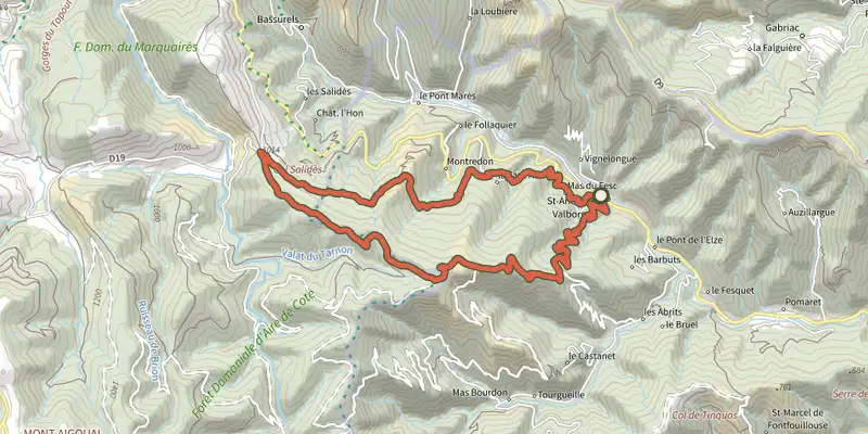 Map of the Le Col Salidès par Saint-André de Valborgne track on the IGN map, with the start and numbered waypoints