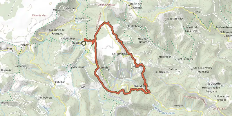 Carte du tracé de D’une vallée à l’autre, entre Gardon et Tarnon sur le Plan IGN, départ et points de passage numérotés